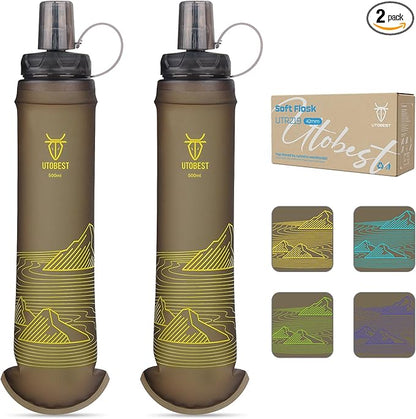 500ml Soft Flask, 2 Pack Flexible TPU Hydration Water Bottle, Collapsible with 42mm Caliber for Running, Hiking, Cycling, Climbing, and Marathon Yellow