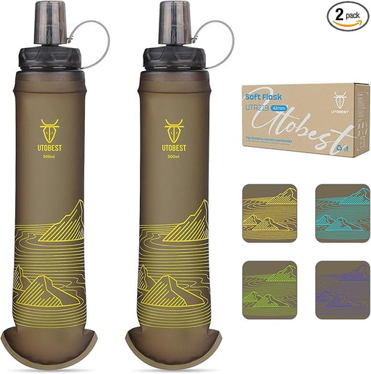 500ml Soft Flask, 2 Pack Flexible TPU Hydration Water Bottle, Collapsible with 42mm Caliber for Running, Hiking, Cycling, Climbing, and Marathon Yellow