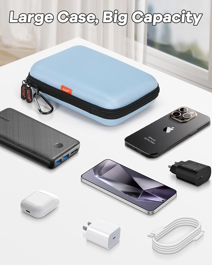Shockproof Hard Shell Carrying Case - Light-Blue Case for External Hard Drive, Power Bank, Charger, Cable, Cell Phone, Electronic Accessories - Larger Capacity Storage Pouch Portable Travel Bag