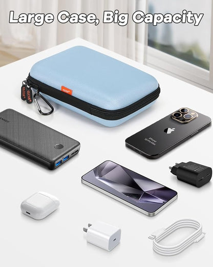 Shockproof Hard Shell Carrying Case - Light-Blue Case for External Hard Drive, Power Bank, Charger, Cable, Cell Phone, Electronic Accessories - Larger Capacity Storage Pouch Portable Travel Bag