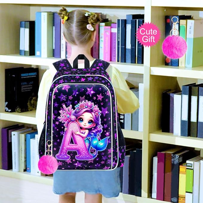 WZLVO 3PCS Mermaid Backpack Set, 16" Glittery UV Printing Girls Bookbag/School Bag with Lunch Box & Pencil Bag for Preschool to Elementary - Mermaid Holding Letter A
