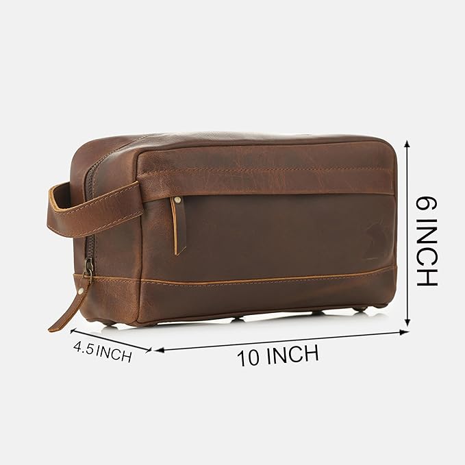Leather Farm Premium Buffalo Leather Toiletry Bag for Men & Women - Dopp Kit With Water Resistant Lining, Shaving Pouch, Unisex Wash Bag For Toiletries, Gifts For Men and Women - Dark Brown