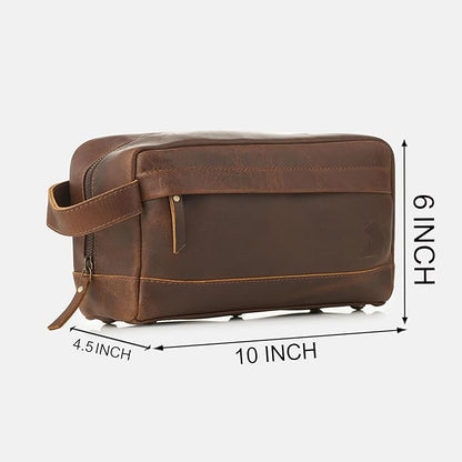 Leather Farm Premium Buffalo Leather Toiletry Bag for Men & Women - Dopp Kit With Water Resistant Lining, Shaving Pouch, Unisex Wash Bag For Toiletries, Gifts For Men and Women - Dark Brown