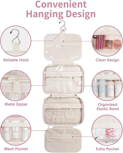 Narwey Striped Hanging Toiletry Bag for Women Travel Makeup Bag Organizer Toiletries Bag for Travel Size Essentials Accessories Cosmetics (Dusty Pink Stripe (Medium))