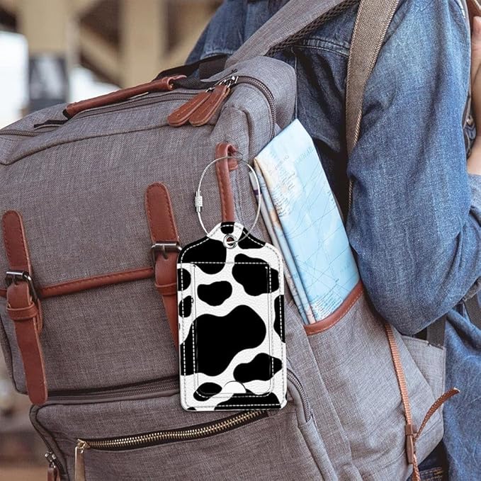 Funny PU Leather Luggage Tags 2-Pack Fantasy Cow Skin Cute Pattern Suitable for Suitcase Stainless Steel Loop and Address Card Essential for Cruise and Airport Travel for Men and Women