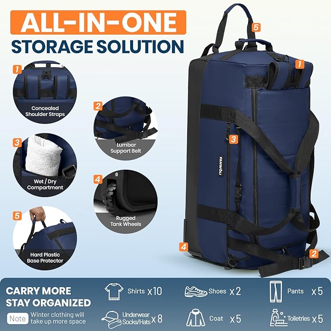 Fanwoli 30'' Large Rolling Duffel Bag with Wheels - No-Sag Design for Heavy Loads, 100L Waterproof Foldable Luggage w/Hidden Backpack Straps & Waist Support Compartment, Lightweight Travel & Gym