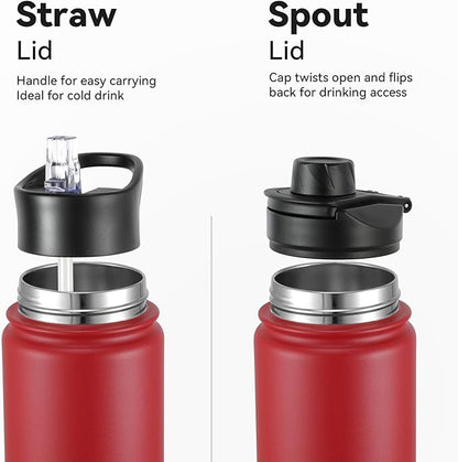 16 oz Insulated Water Bottle with Straw Lids, Stainless Steel Kids Water Bottles for School, Double Wall Vacuum Metal Water Bottle with Straw & Wide Mouth Lid, Red 4 Pack