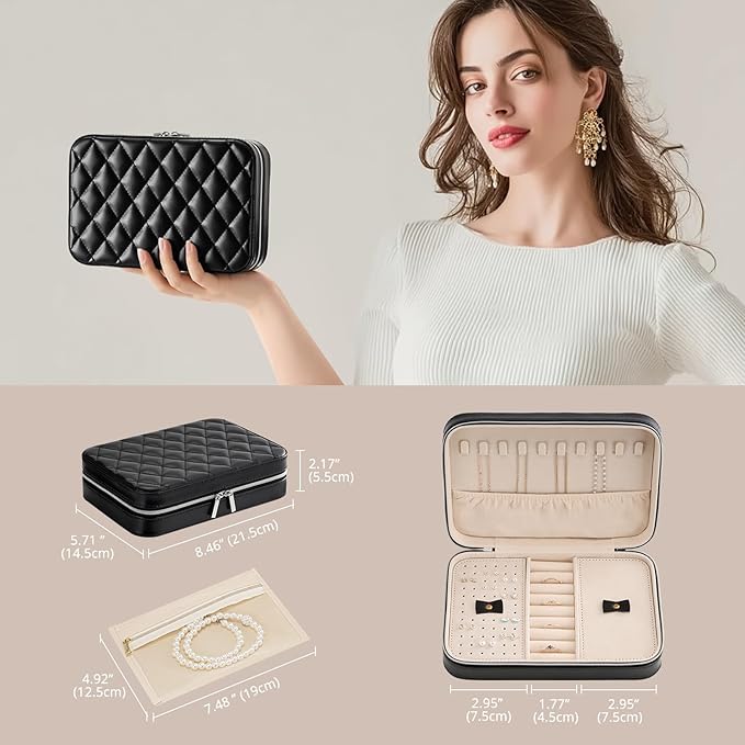 Lolalet Travel Jewelry Case for Women Girls, Travel Jewelry Organizer Box with Mirror & Clear Storage Bag, Small Portable Earring Necklace Bracelet Ring Case, Birthday Christmas Gifts -Medium, Black