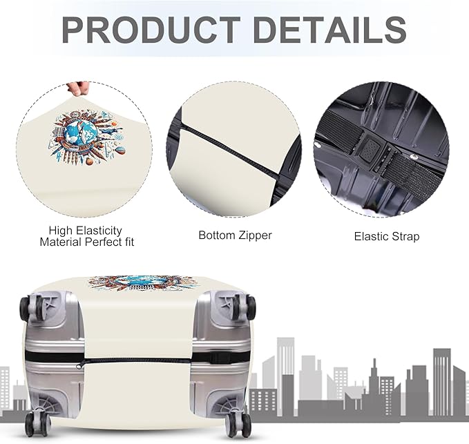 ANNA QUEEN Travel Around the World Luggage Cover, Colorful Landmark Suitcase Protector with Airplane & Globe Design, Stretchable, Washable Travel Sleeve for 20-22 Inch Luggage