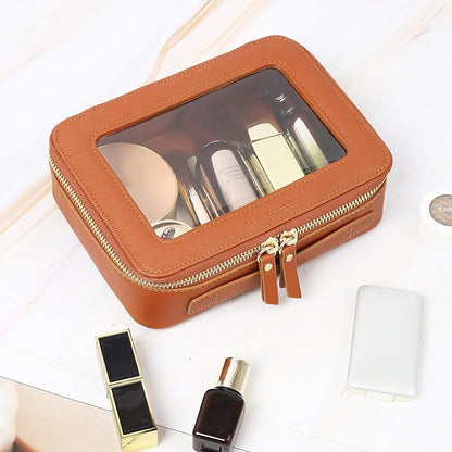 Aveniee Clear Makeup Bag, Travel Toiletry Case Car Accessories Organizer for Women, Heavy Duty Clear Pouch with Dual Zippers(Brown)