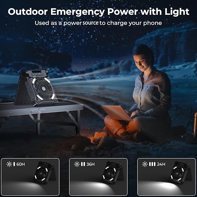 PANERGY Solar Fan with Lantern for Camping, Rechargeable Battery Powered Fan(36H cooling/60H lighting), 4-Speed, 8H Timer, 90°Folding Cordless & Portable for Outdoor Travel RV Power Outage