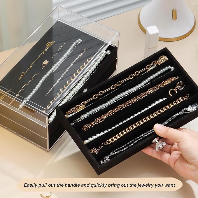 SPAKOWN Necklace Organizer Box, Velvet Necklace Box Holder Tray with Clear Lid Chains Showcase Stackable Necklace Storage for Pendant Bracelet (3 Drawers - Black)