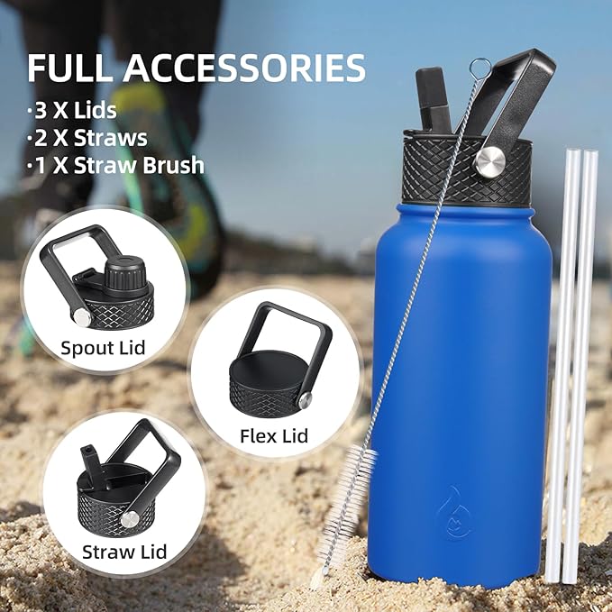 BJPKPK Insulated Water Bottles with Straw Lid, 18oz Stainless Steel Metal Water Bottle, Cold Hot Thermo with 3 Lids, Leak Proof BPA Free Travel Cup, Wide Mouth Flasks, Thermo -Midnight