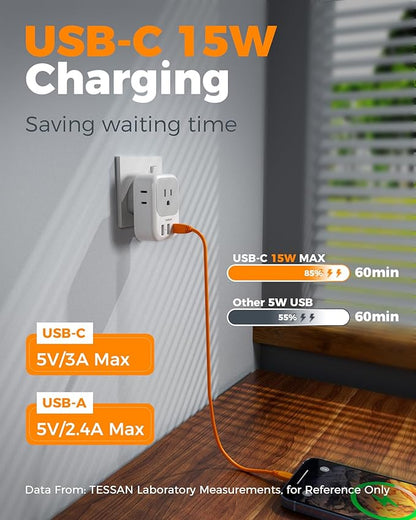 US to UK Plug Adapter 3 Pack, TESSAN Type G Adapter for Travel with 4 Outlets 3 USB Charger(1 USB C), Ireland Power Adaptor for USA to England London Scotland Dubai Singapore Hong Kong Qatar