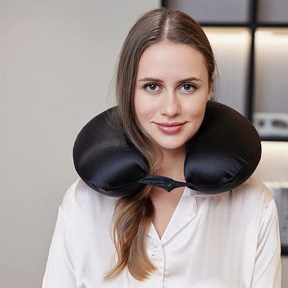ROSEWARD 100% Mulberry Silk Travel Neck Pillow for Sleeping 22 Momme Silk Airplane Travel Pillow for Pain Relief Sleeping, Plane Neck Support Pillow, Anti Wrinkle, Made in USA (Black)