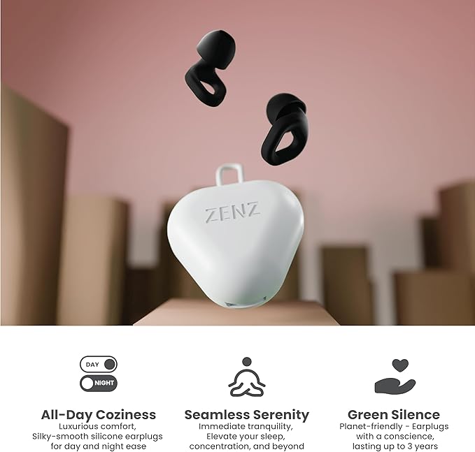 Zenz Unwind Ear Plugs for Sleeping Noise Reduction - Comfy Reusable Soft Silicone Earplugs for Focus, Study, Work - 8 Pair Eartips in XS/S/M/L - 27dB Hearing Protection with Storage Case - Onyx Black