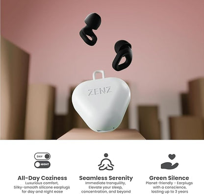Zenz Unwind Ear Plugs for Sleeping Noise Reduction - Comfy Reusable Soft Silicone Earplugs for Focus, Study, Work - 8 Pair Eartips in XS/S/M/L - 27dB Hearing Protection with Storage Case - Onyx Black