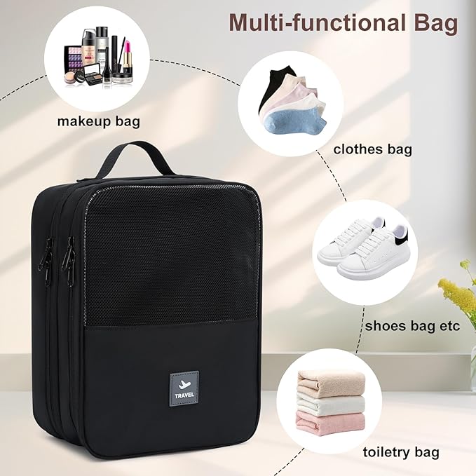 2 Layers Travel Shoe Bag, Portable Shoe Bags Hold 2 Pair Of Shoes, Water-Resistant Shoe Storage Pouch For Travel (Black, 2 Pack)