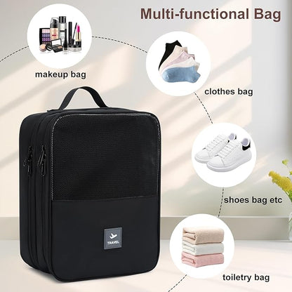 2 Layers Travel Shoe Bag, Portable Shoe Bags Hold 2 Pair Of Shoes, Water-Resistant Shoe Storage Pouch For Travel (Black, 2 Pack)