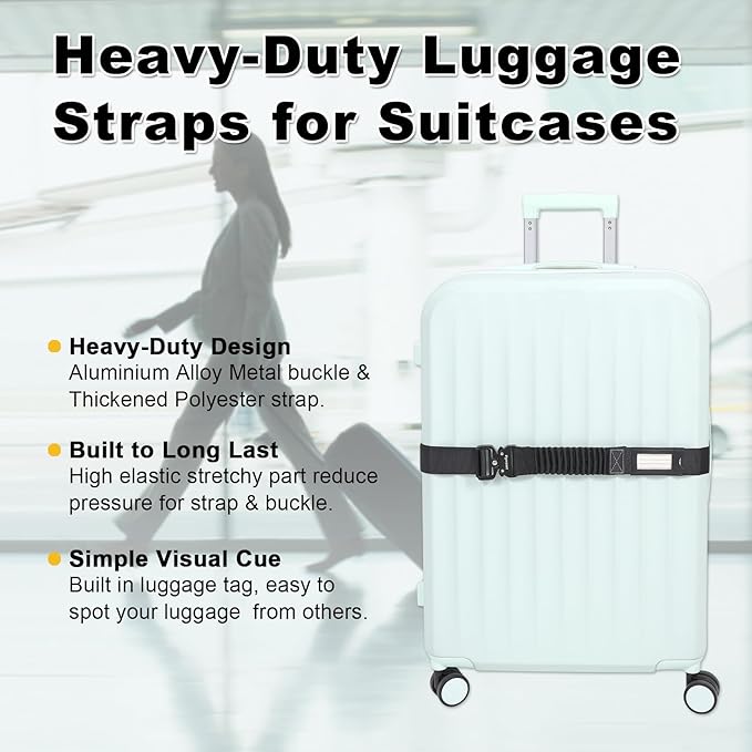 Vigorport Luggage Straps for Suitcases 2 Pack, Heavy Duty Metal Buckle Luggage Belt Strap, TSA Approved Suitcase Belt, Stretchable Travel Strap for Luggage