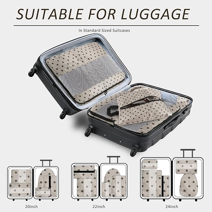 U+U 5 Set Packing Cubes for Travel Essentials Ultralight Luggage Packing Organizers with Laundry Bag and Shoe Bag for Vacation, Business Trip and Camping (Brown Polka Dot)