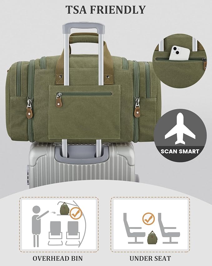 Gonex Canvas Duffle Bag for Travel, Expandable Water Resistant 60L Carry on Duffel Overnight Weekender Gym Bag with Wet Dry Separation Pocket & Suitcase Handle Sleeve, Army Green