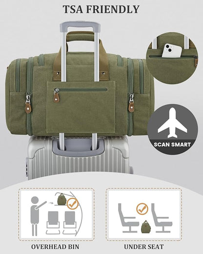 Gonex Canvas Duffle Bag for Travel, Expandable Water Resistant 60L Carry on Duffel Overnight Weekender Gym Bag with Wet Dry Separation Pocket & Suitcase Handle Sleeve, Army Green
