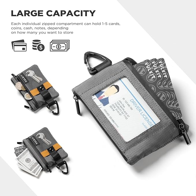 VULKIT Small RFID Wallet for Women & Men – Minimalist Zipper Wallet with ID Window, Keychain & Carabiner, Holds 15 Cards, Water Resistant Travel Lanyard Wallet Grey