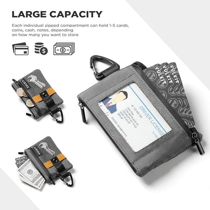 VULKIT Small RFID Wallet for Women & Men – Minimalist Zipper Wallet with ID Window, Keychain & Carabiner, Holds 15 Cards, Water Resistant Travel Lanyard Wallet Grey