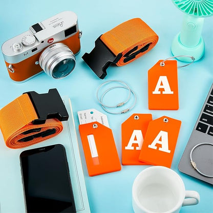Weewooday 8 Pcs Luggage Straps Suitcase Tags Set for TSA Approved, 4 Travel Adjustable Suitcase Belt, 4 Silicone Luggage Tags with Name ID Card Travel Accessories (Light Orange,A)