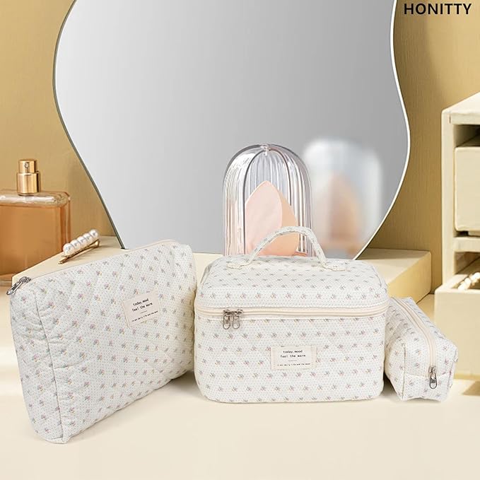 Makeup Bag,Quilted Cosmetic Bags,Large Floral Make Up Organize bag,Makeup Bag Set for Women,Flower Travel Toiletry Bag