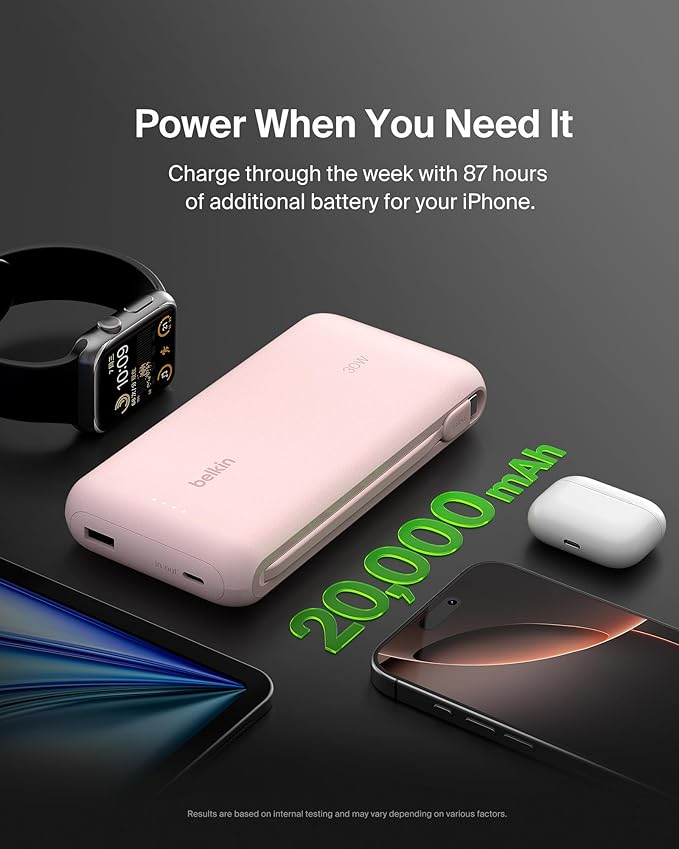 Belkin Portable Charger, Power Bank with Integrated Cable 20000 mAh 30W - Fast Charging USB C Power Delivery - iPhone 17, Air, Pro, Pro Max, iPad, AirPods, Apple Watch, Galaxy S25, & More - Pink