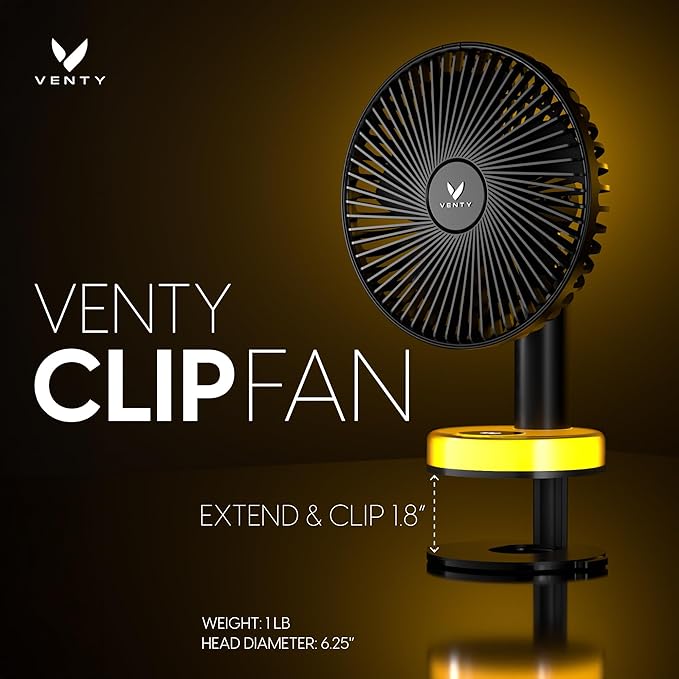 VENTY Portable Clip Fan - Rechargeable 10-Hour Battery Portable Fan - 360° Rotation & 90° Tilt - Stroller, Desk or Bedside - Aromatherapy & LED Light - USB-C Rechargeable Clip On