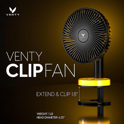 VENTY Portable Clip Fan - Rechargeable 10-Hour Battery Portable Fan - 360° Rotation & 90° Tilt - Stroller, Desk or Bedside - Aromatherapy & LED Light - USB-C Rechargeable Clip On