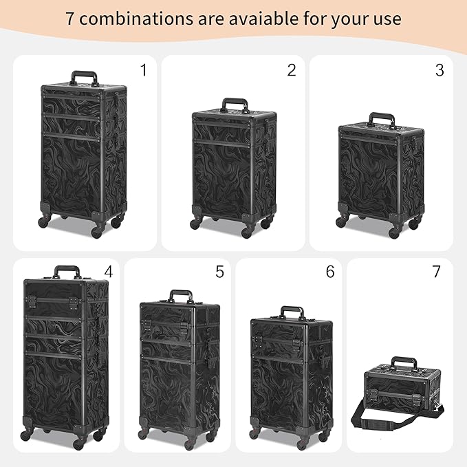 Rolling Makeup Case, Makeup Train Case with Lid, 5 in 1 Cosmetology Case on Wheels, Christmas Gift, Large Makeup Organizers, Profesional Cosmetic Case for Salon Barber, Pattern Black