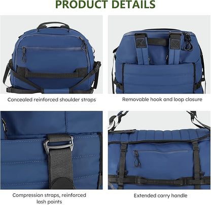 Vomgomfom 86L Collapsible Wheeled Luggage with Removable Backpack Straps,Waterproof Rolling Duffle Bag with Quilted Base,No Telescope Handle,Navy