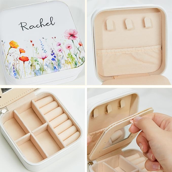 Custom Travel Jewelry Case With Mirror Small Leather Custom Name Birth Flower Jewelry Travel Case Birthday Jewelry Box Christmas Gifts For Mother Grandma Daughter Women Size 4×4×2INCH