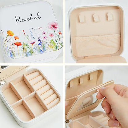 Custom Travel Jewelry Case With Mirror Small Leather Custom Name Birth Flower Jewelry Travel Case Birthday Jewelry Box Christmas Gifts For Mother Grandma Daughter Women Size 4×4×2INCH