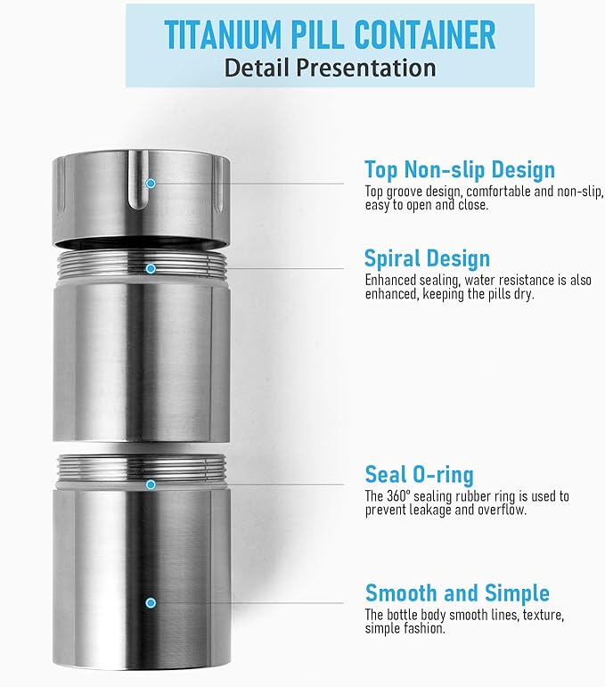 TISUR Pill Case, Titanium Keychain Pill Holder, 2 Compartments Small Metal Pill Box Tiny Waterproof Pill Bottle Pocket Portable Pill Organizer Container for Travel Purse Outdoor(Extended Upgrade)