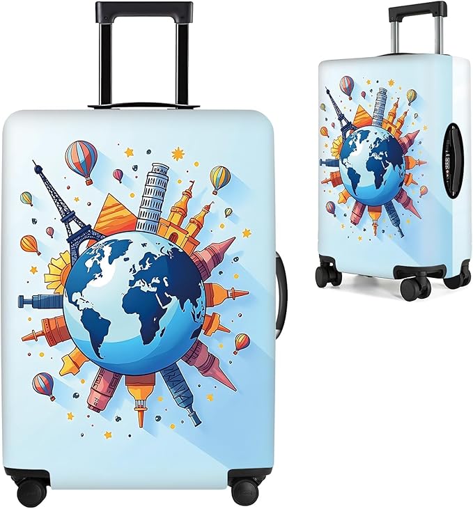 Luggage Cover - World Travel Themed Suitcase Protector with Iconic Landmarks and Hot Air Balloons - Durable, Elastic, and Stylish Design for Travel Bags,M