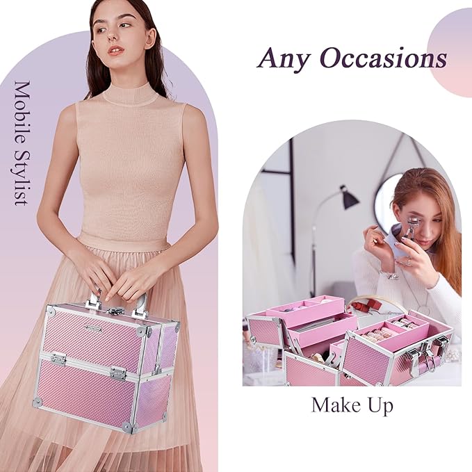 Frenessa Makeup Case Makeup Box Cosmetic Organizer Case Portable Make Up Artist Travel Case Storage Box 4 Trays with Dividers Lockable Hard Train Case Nail Tech Supply Storage Mermaid Pink