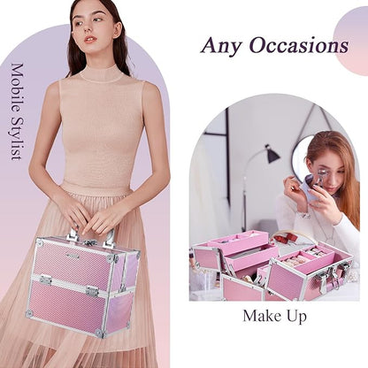 Frenessa Makeup Case Makeup Box Cosmetic Organizer Case Portable Make Up Artist Travel Case Storage Box 4 Trays with Dividers Lockable Hard Train Case Nail Tech Supply Storage Mermaid Pink
