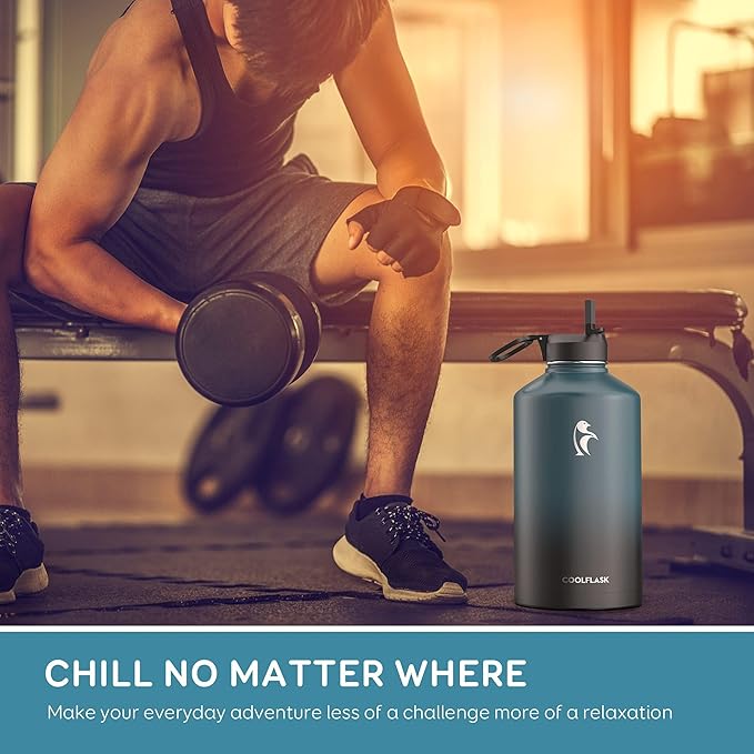 Coolflask 128 oz Gallon Water Bottle Insulated with Straw&3 Lids, Water Jug Large Stainless Steel Metal Vacuum Wide Mouth for Sports, Gym or Office, Non-BPA Keep Cold 48H Hot 24H, Samurai Cyan