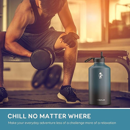 Coolflask 128 oz Gallon Water Bottle Insulated with Straw&3 Lids, Water Jug Large Stainless Steel Metal Vacuum Wide Mouth for Sports, Gym or Office, Non-BPA Keep Cold 48H Hot 24H, Samurai Cyan