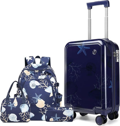 Somago 4 Piece Kid's Luggage with Backpack Set for Boys Girls Spinner 18" Hardside PC Rolling Carry on Suitcase with TSA Lock (Seashell Navy)