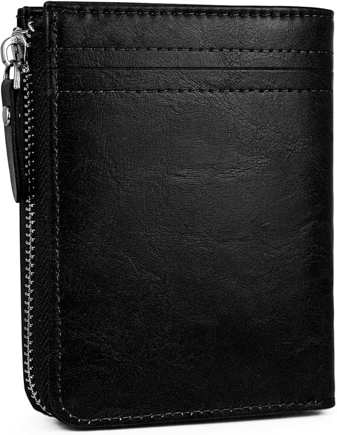Minimalist Real Leather Wallet for Men with Zipper Card Holder and ID Window RFID Blocking Bifold Wallet (Black)