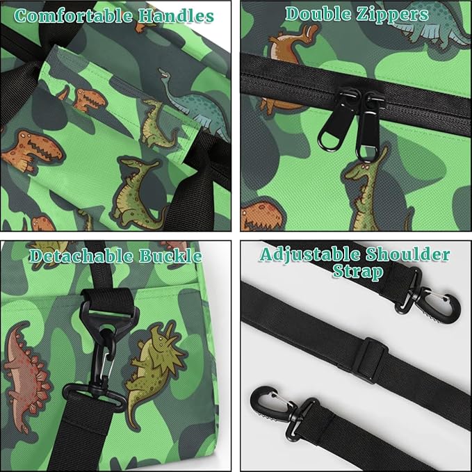 Personalized Duffel Bag for Kids Girls Boys, Cartoon Dinosaurs Custom Name Gym Bag Overnight with Padded Handles Carry On Weekend Sports Travel Bag for School Practice Gymnastics Ballet