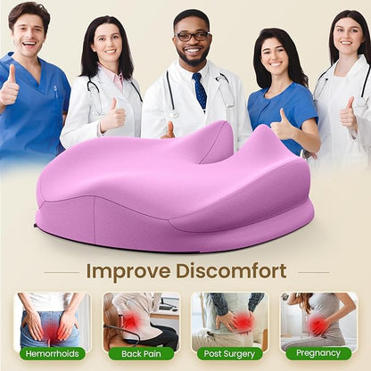 Benazcap Large Seat Cushion for Office Chair Memory Foam Coccyx Pain Relief Cushion Pillow for Back Support Non-Slip Seat Pad for Office Desk, Car Seat, Wheelchair, Sciatica-Pink