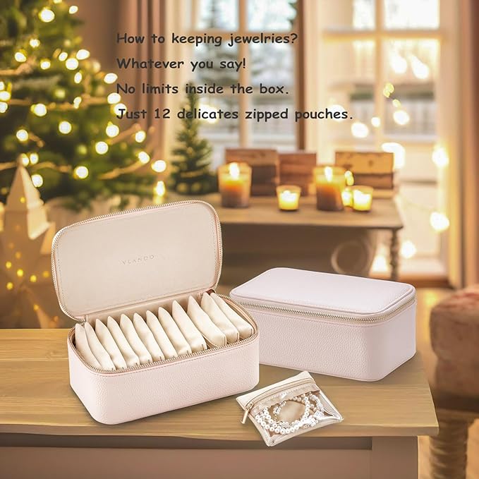 Vlando Travel Jewelry Box Organizer - 12 Small Velvet Zipped Pouches Pockets for Jewelries Necklaces Rings Earrings Sorting Storage, Rosy Mauve