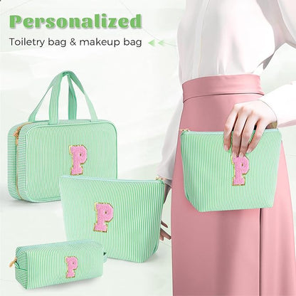 Monogram Cute Initial Toiletry Makeup Bag - Personalized Cosmetic Toiletry Pouch Make Up Case for Women,Her Friend,Sister,Teacher,Birthday Gifts - Green P
